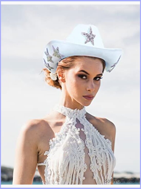 White Cowgirl Hat with Heart Sunglasses - Bachelorette Party Cowboy Hat with main image 5